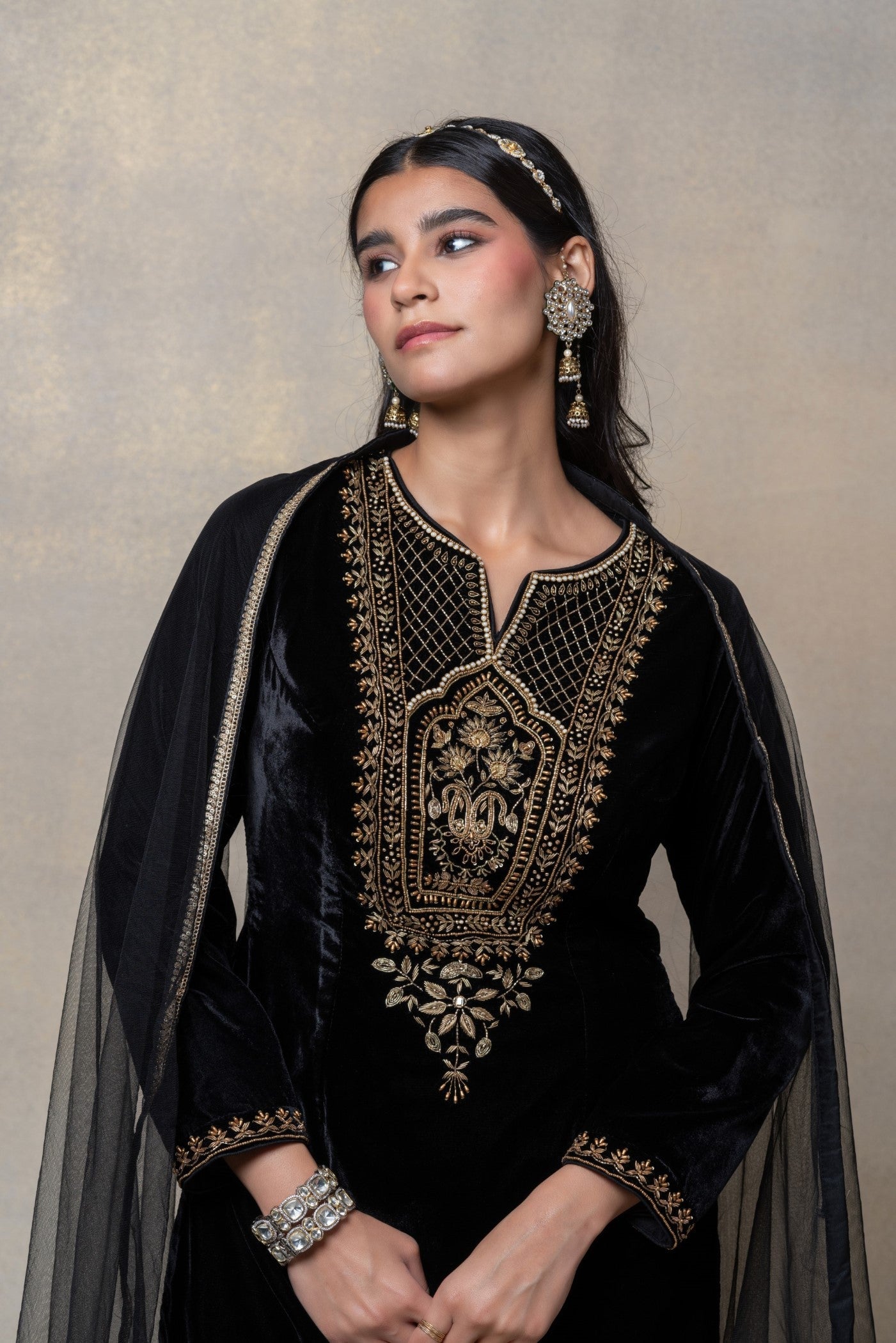 Onyx black velvet zari embroidered suit set