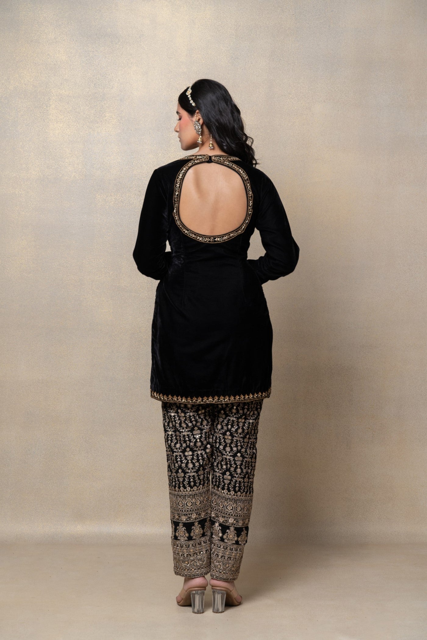 Onyx black velvet zari embroidered suit set