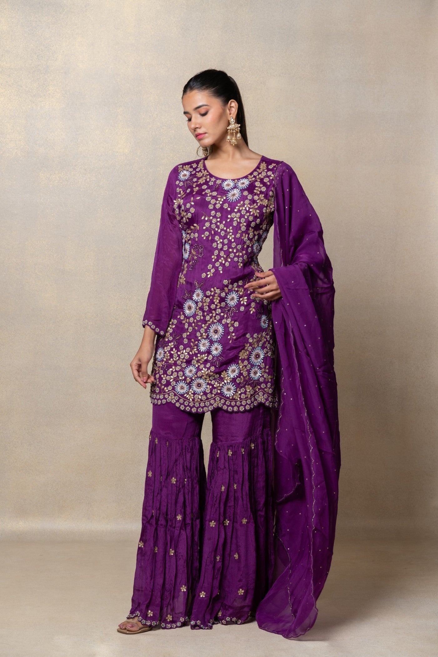 Indigo purple soft silk sequinned suit set