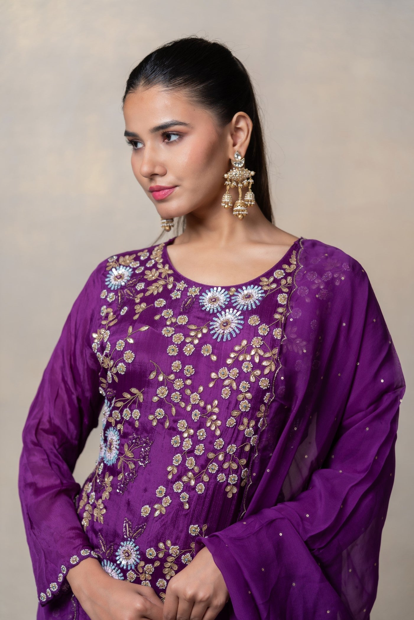 Indigo purple soft silk sequinned suit set