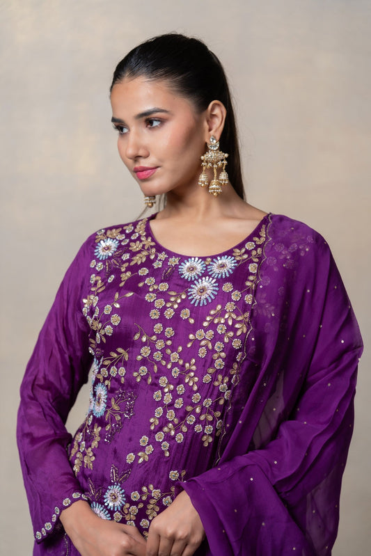 Indigo purple soft silk sequinned suit set