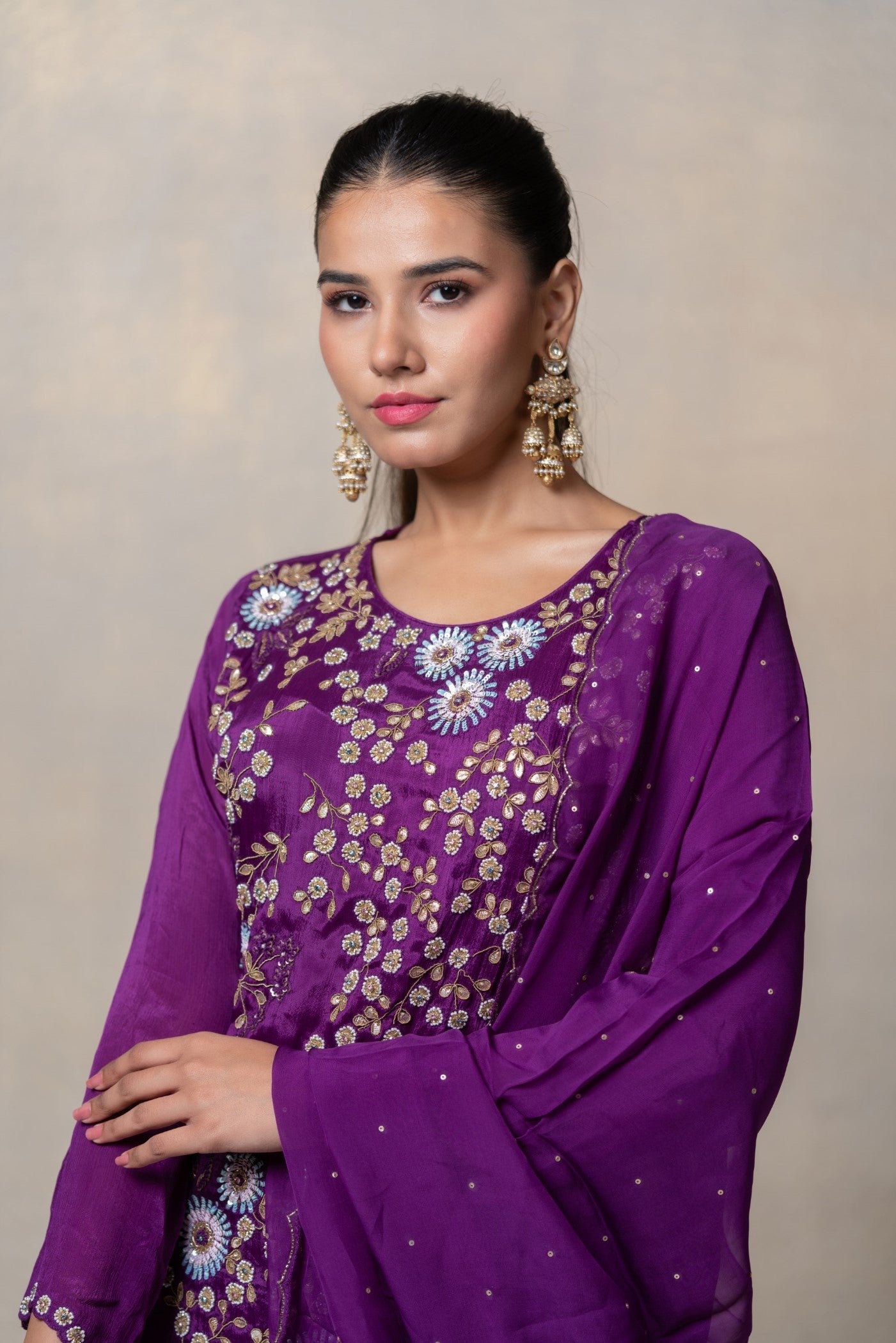 Indigo purple soft silk sequinned suit set