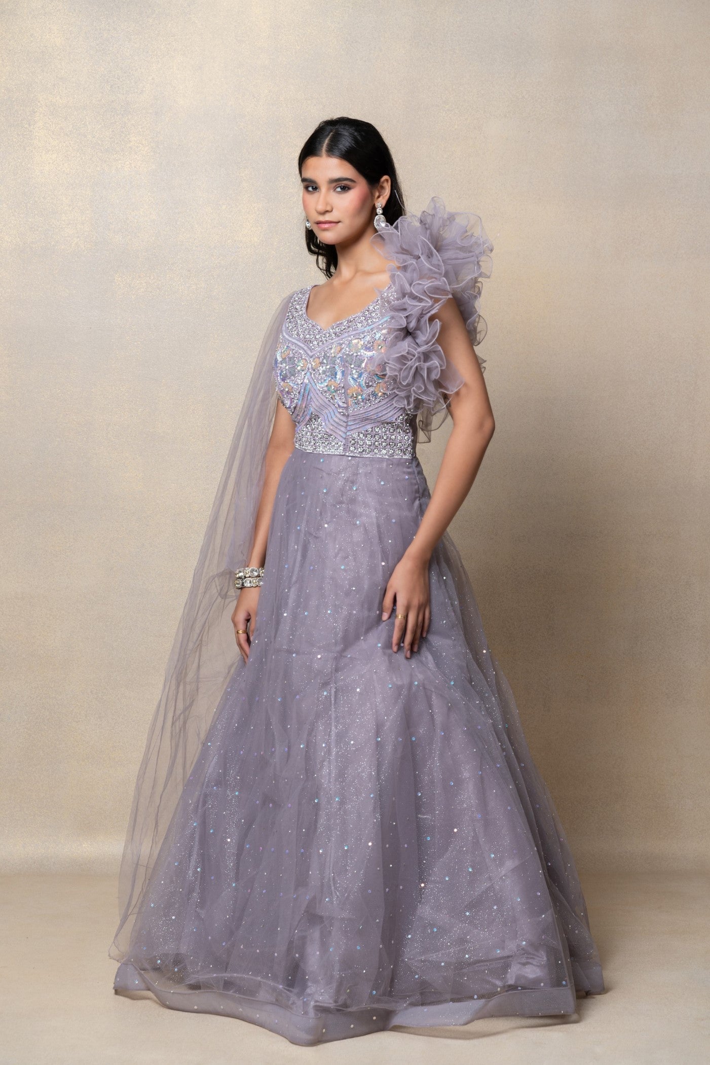 Platinum grey sequinned net gown