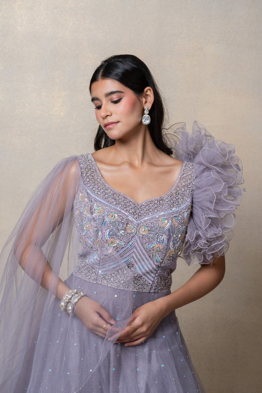 Platinum grey sequinned net gown