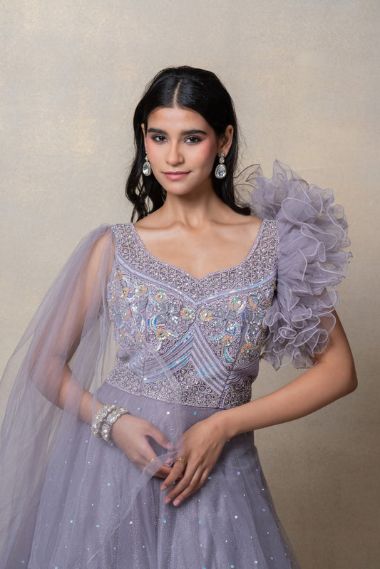 Platinum grey sequinned net gown