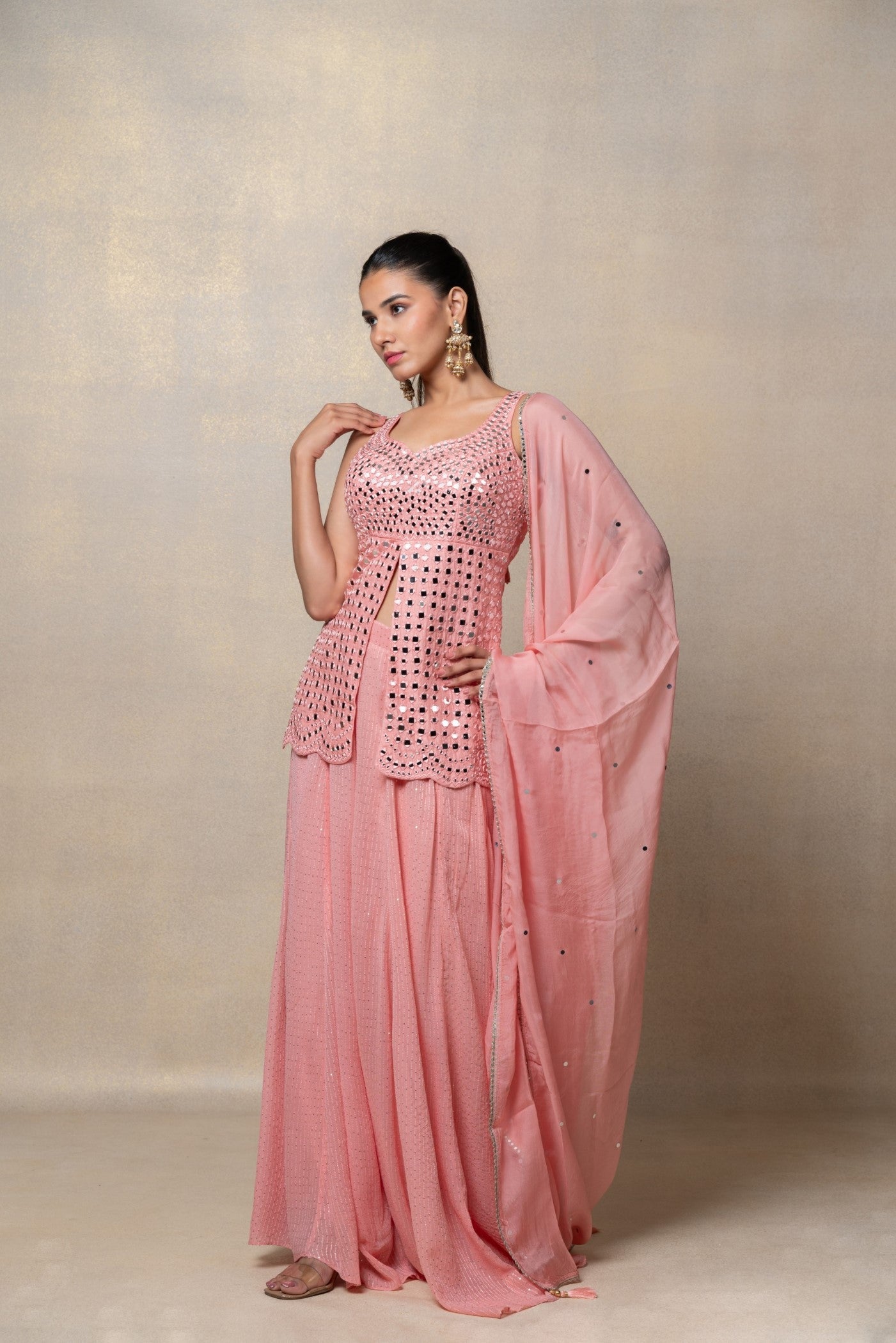 Baby pink mirror embellished soft silk indo-western set