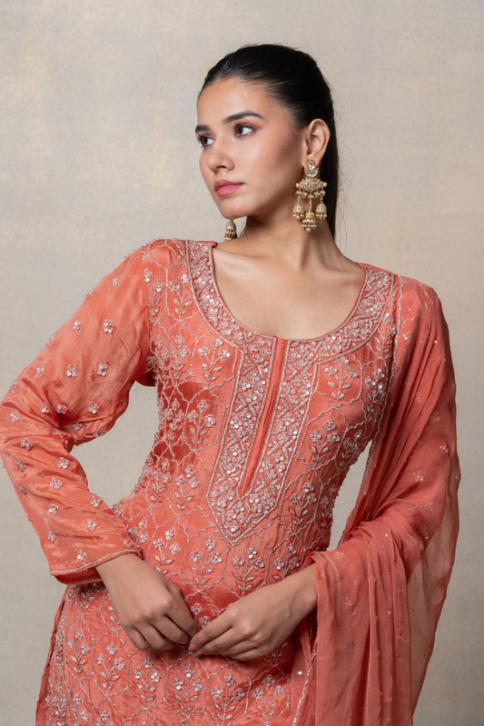 Brick red sequinned soft silk suit set