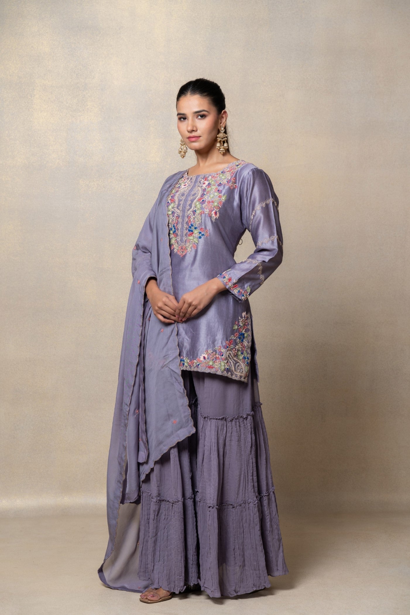 Light lavender satin silk resham embroidered suit set