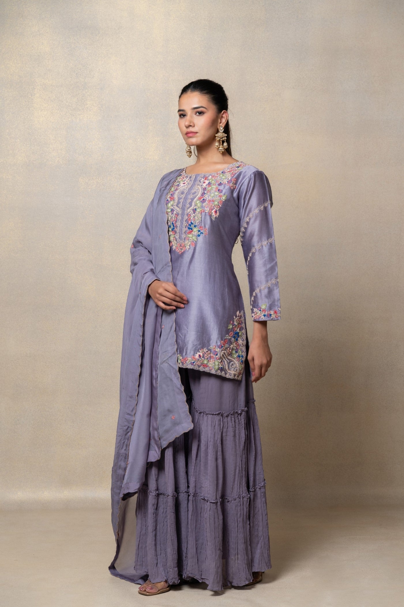 Light lavender satin silk resham embroidered suit set