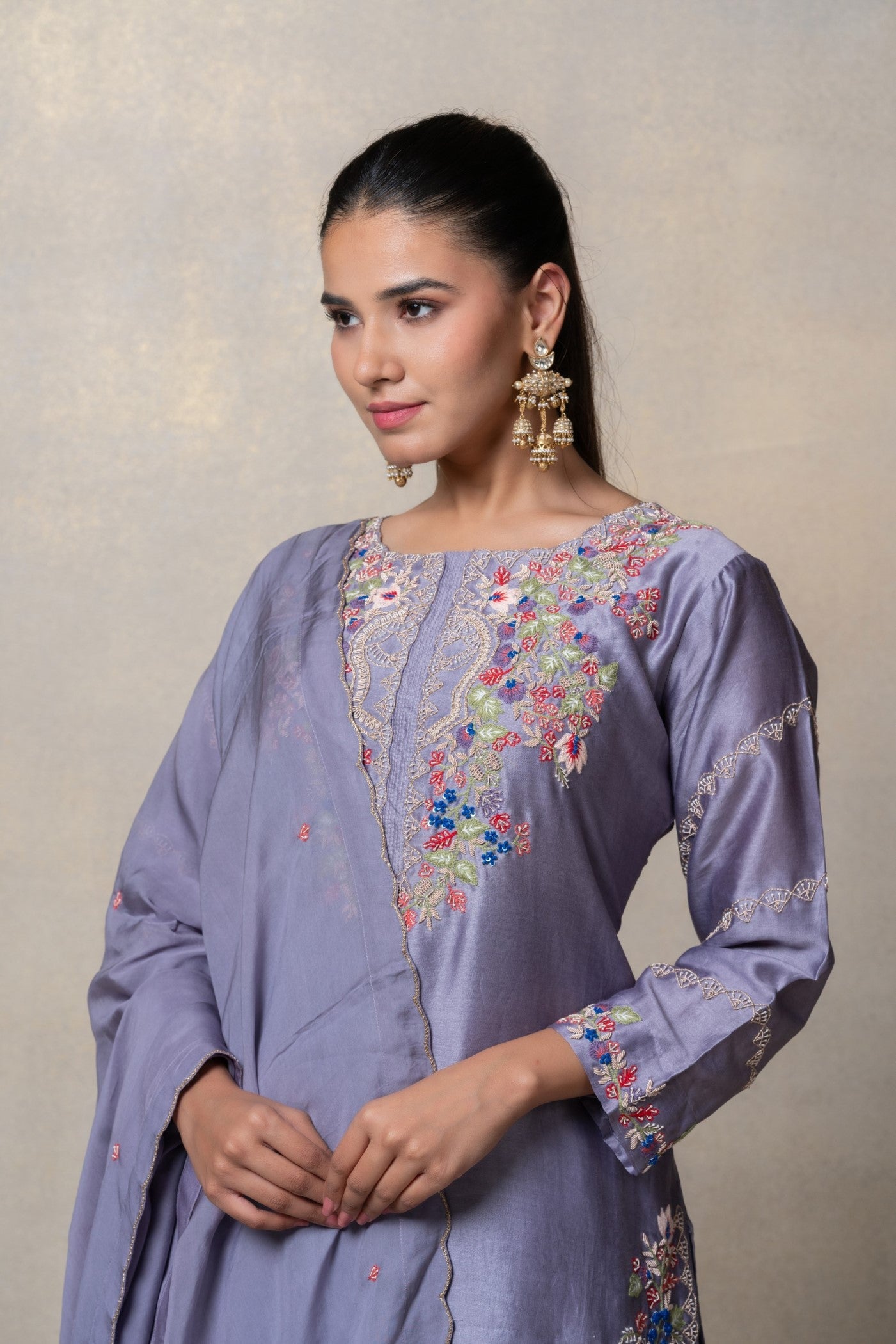 Light lavender satin silk resham embroidered suit set
