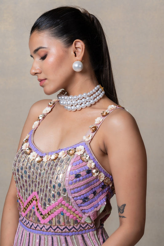 Iris purple heavily embellished net frock