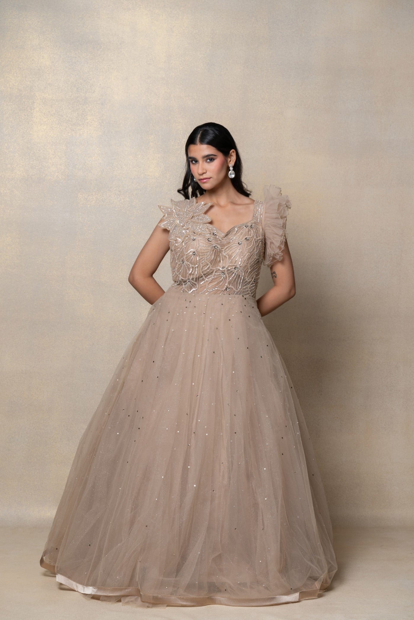 Tortilla brown sequinned net gown