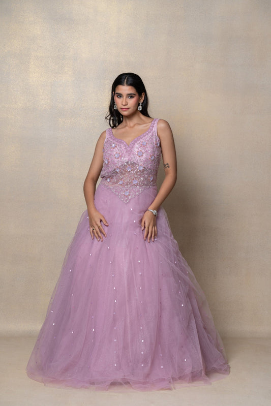 Bright lilac sequinned net gown