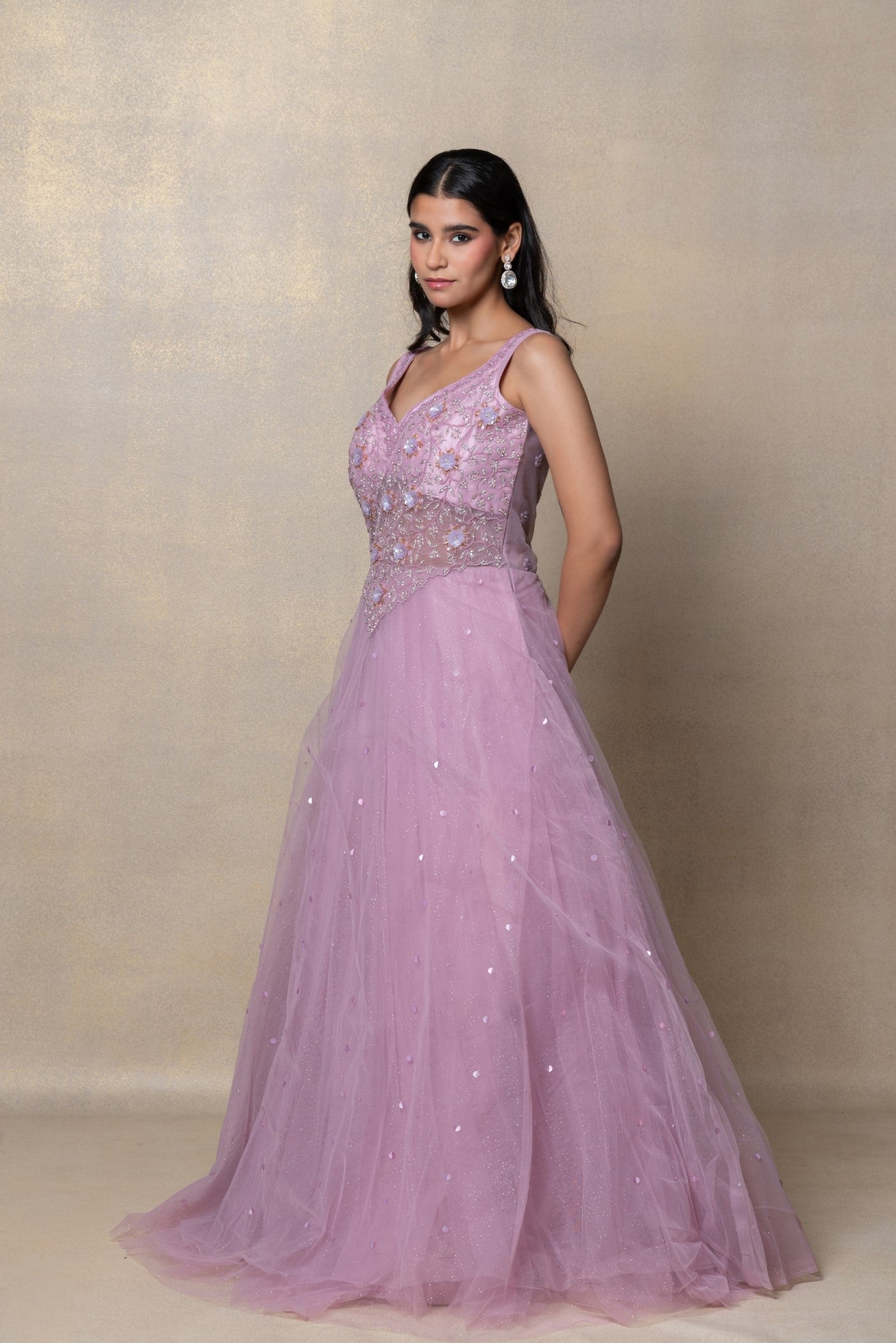Bright lilac sequinned net gown