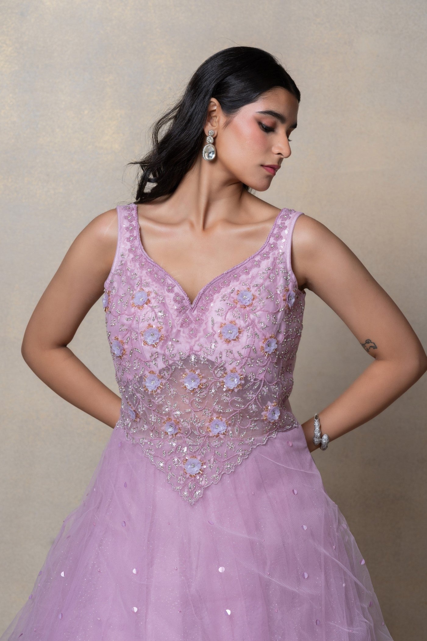 Bright lilac sequinned net gown
