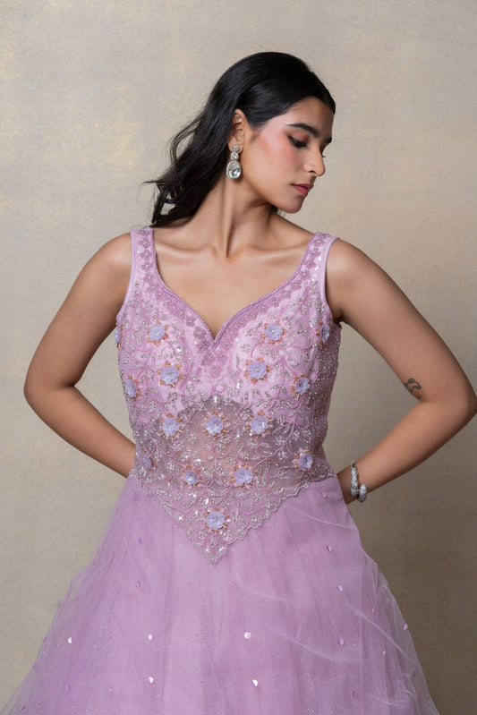 Bright lilac sequinned net gown