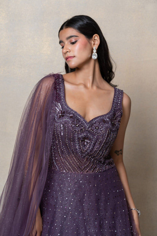 Violet purple sequinned net gown