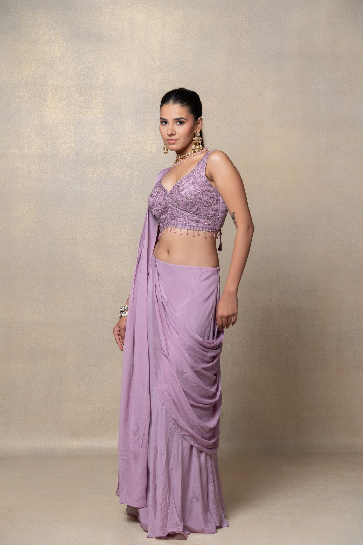 Pale lilac satin silk ready to wear saree