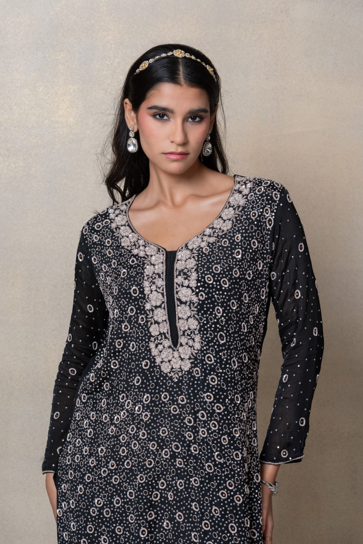 Jet black satin silk sequinned suit set