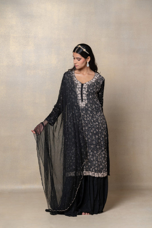 Jet black satin silk sequinned suit set