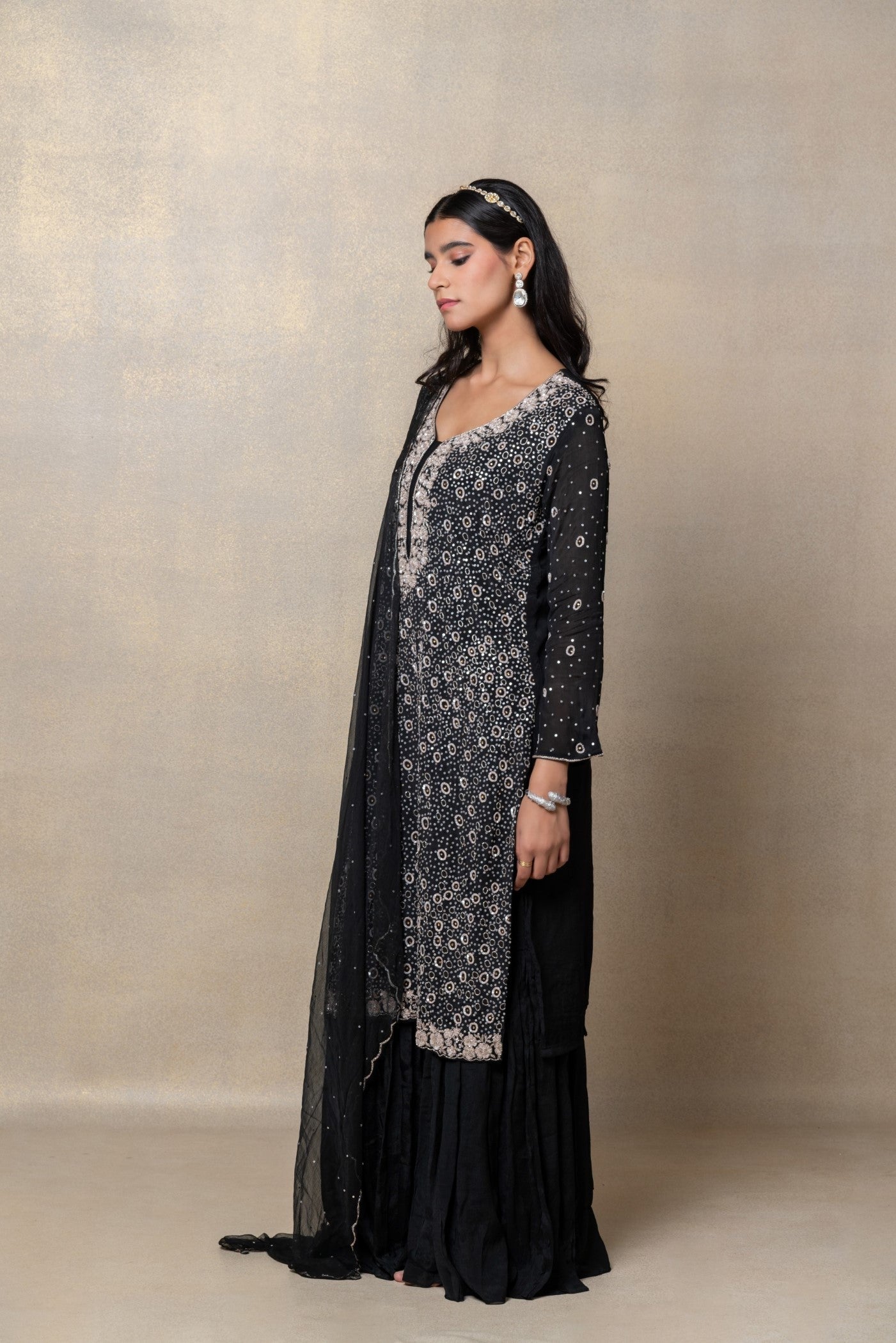 Jet black satin silk sequinned suit set