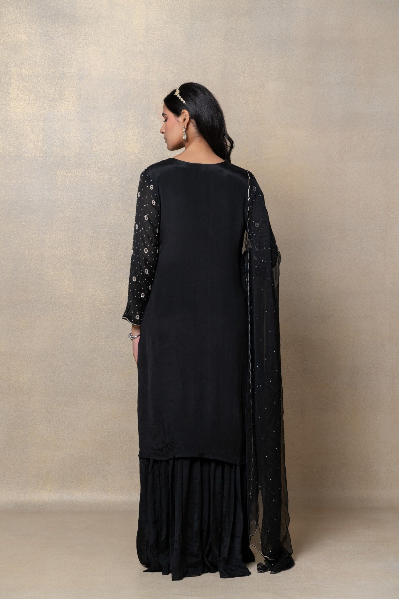 Jet black satin silk sequinned suit set