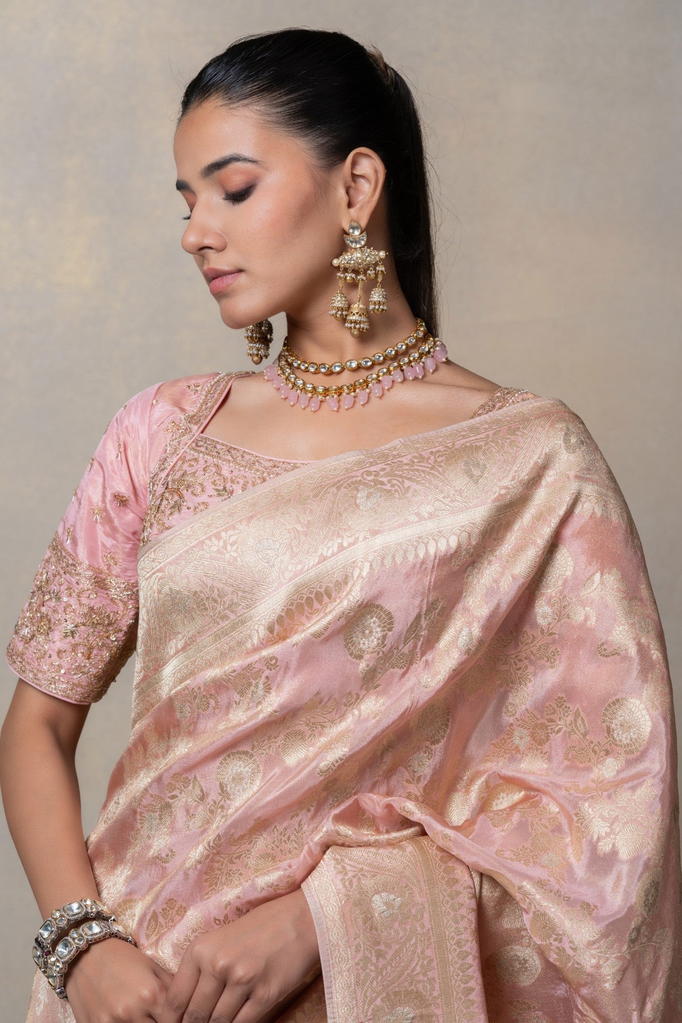 Peachy pink silk saree