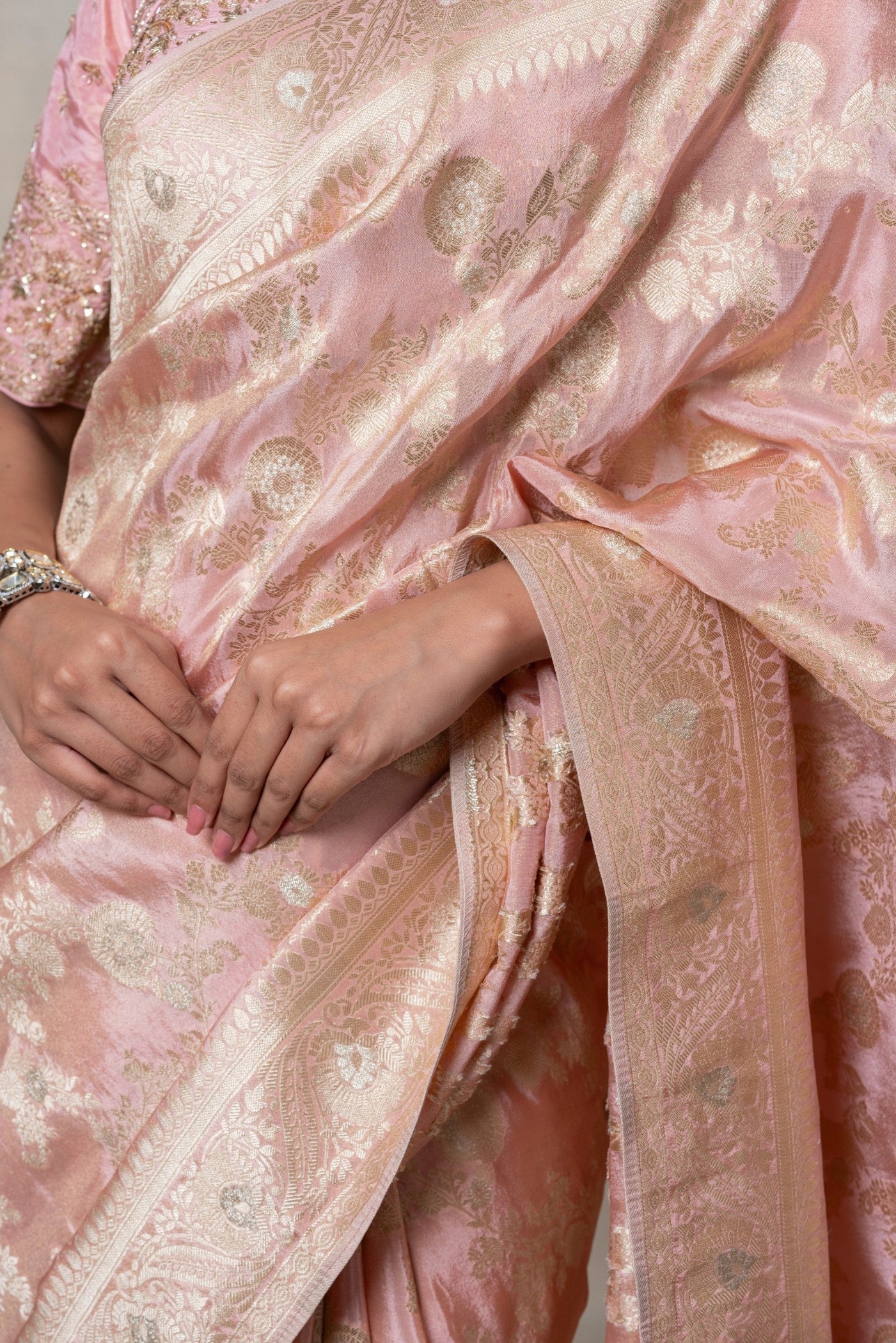 Peachy pink silk saree