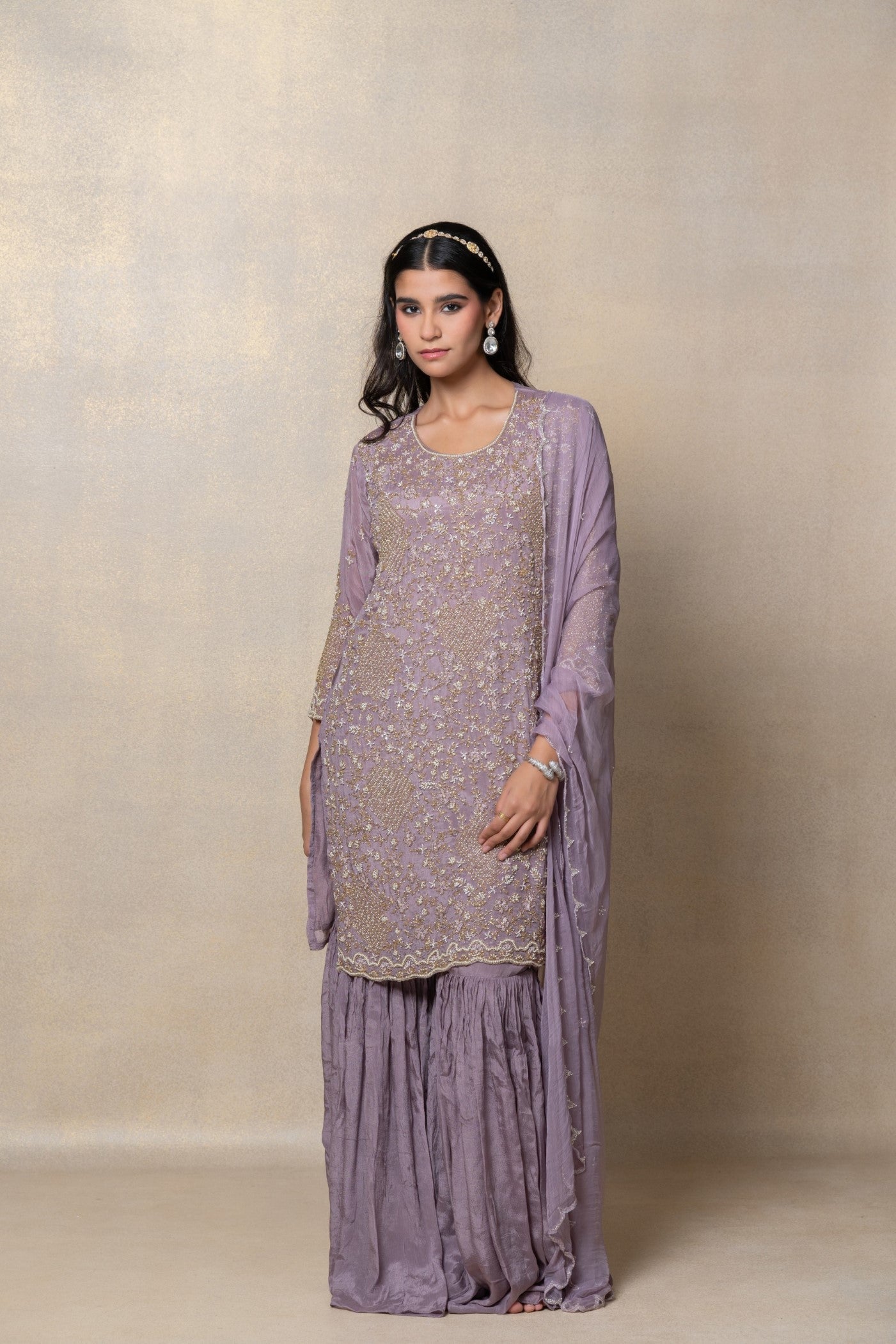 Opera mauve cutdana embellished satin silk suit set