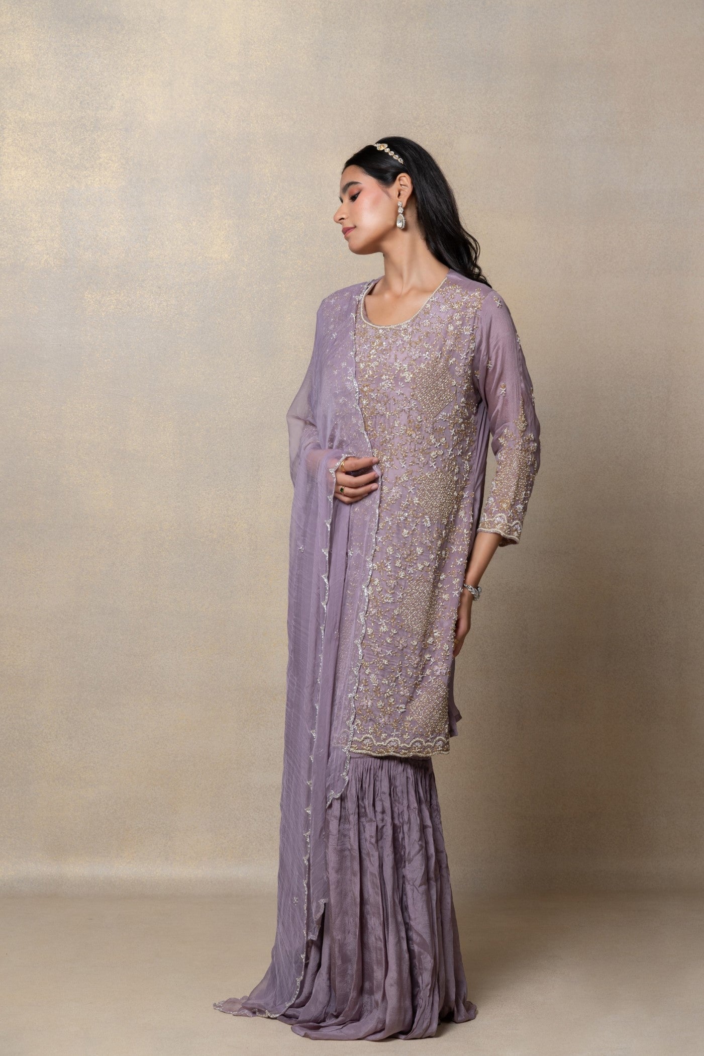 Opera mauve cutdana embellished satin silk suit set