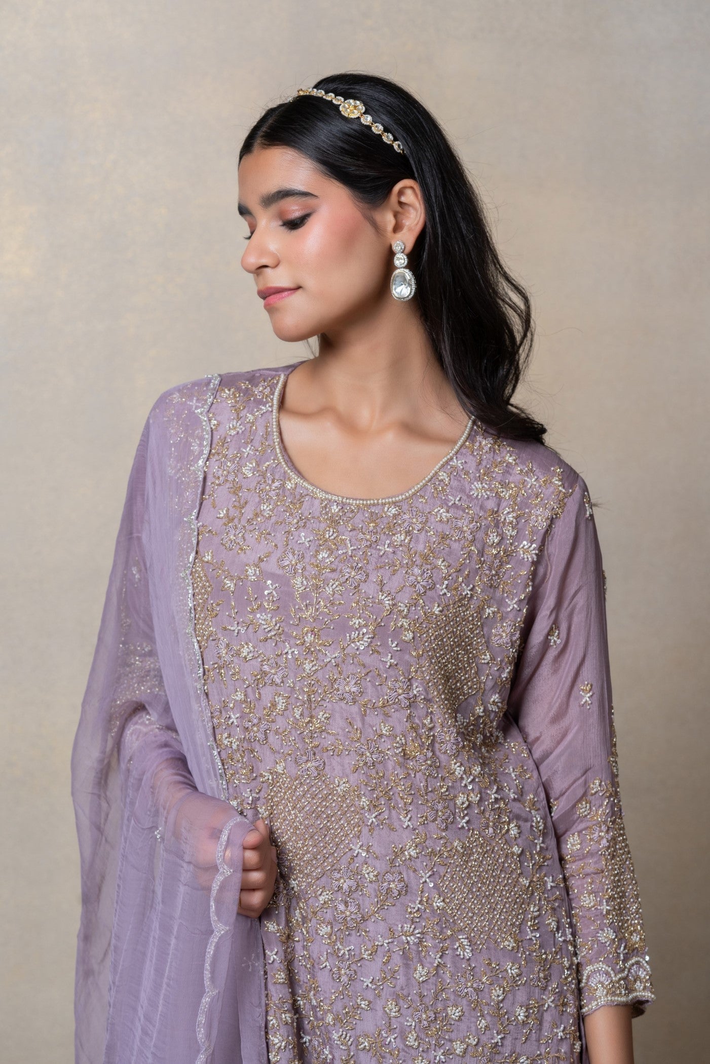 Opera mauve cutdana embellished satin silk suit set