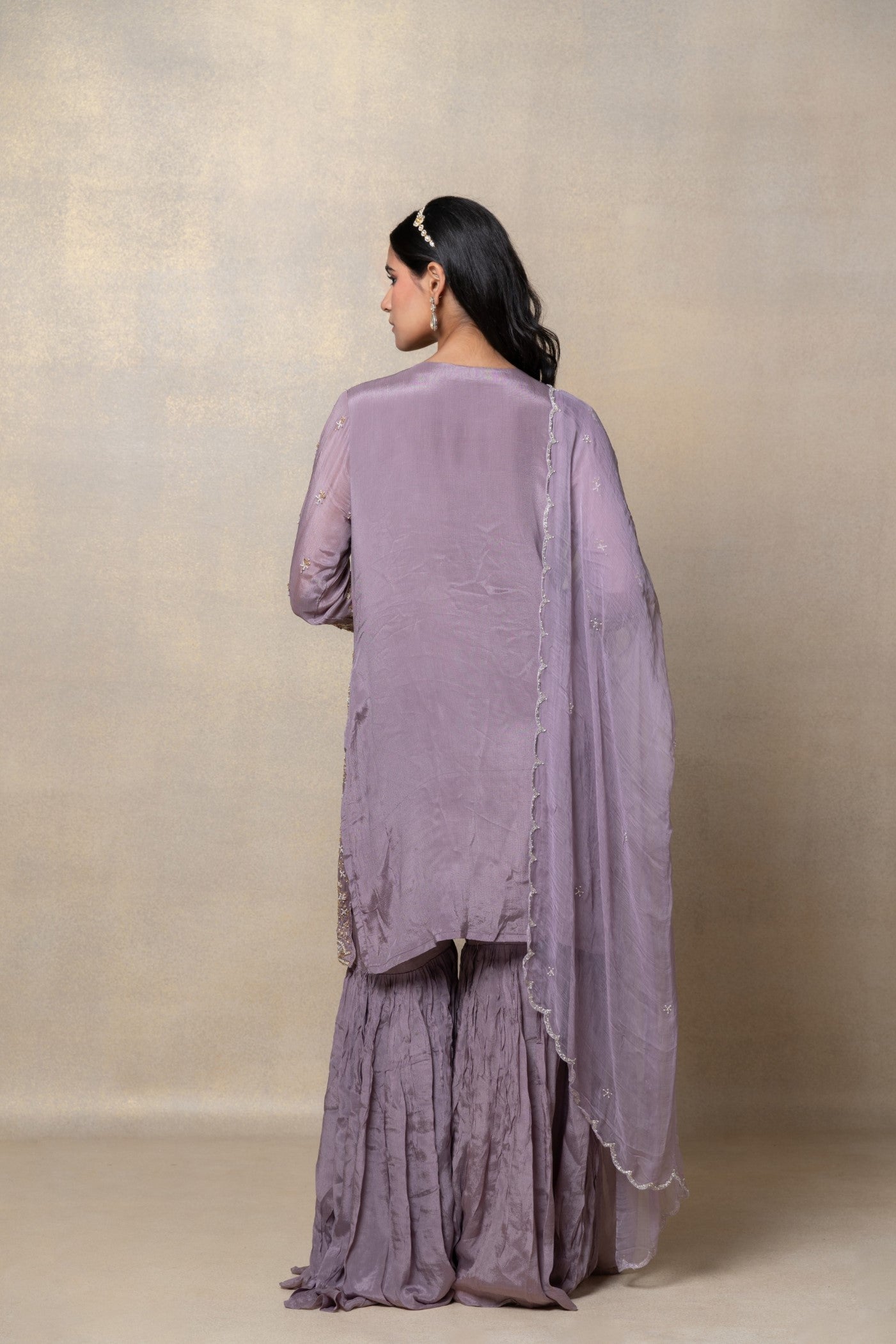 Opera mauve cutdana embellished satin silk suit set