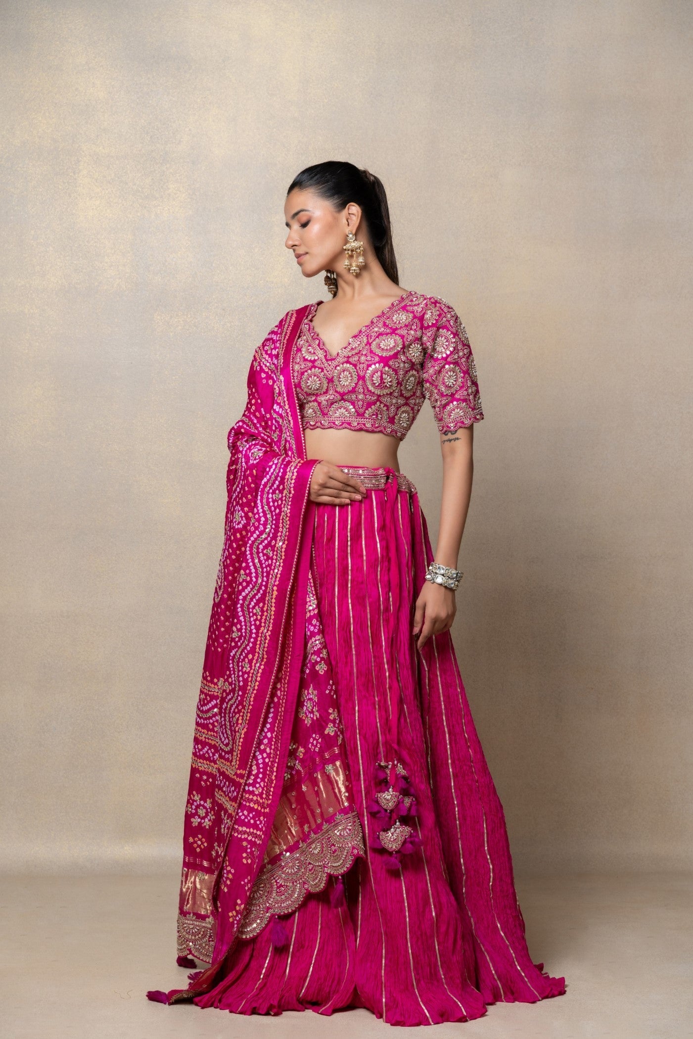 Magenta pink sequinned crepe silk lehenga set