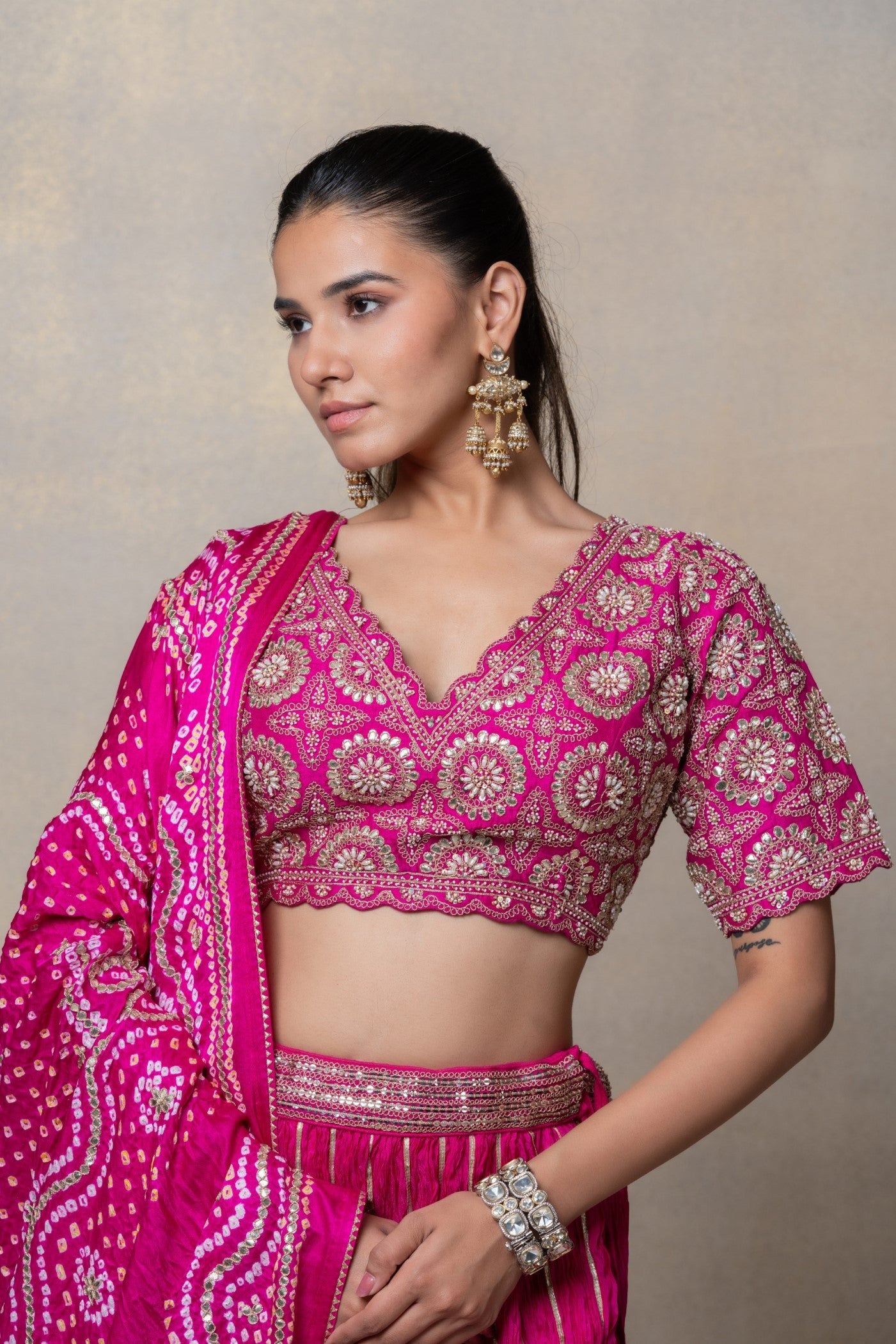 Magenta pink sequinned crepe silk lehenga set
