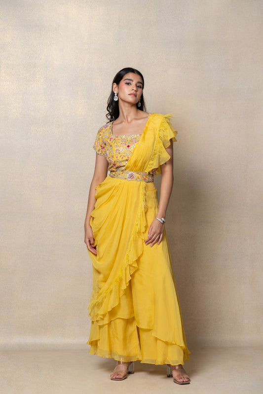 Sunflower yellow organza silk indo-western set