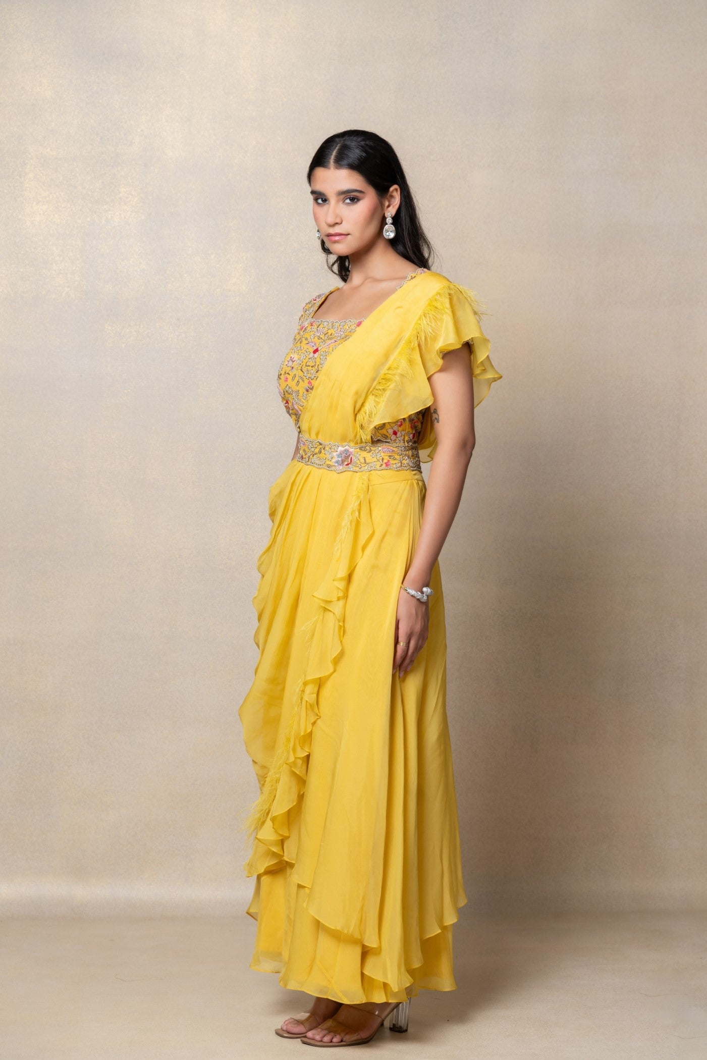 Sunflower yellow organza silk indo-western set