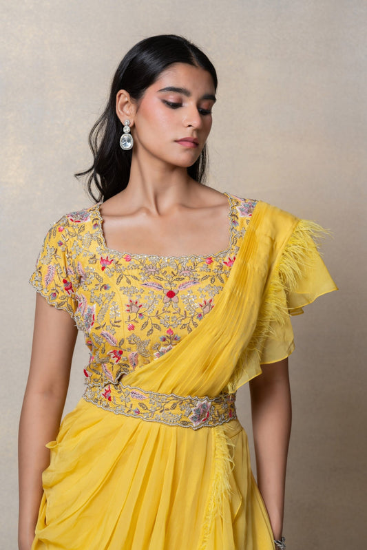 Sunflower yellow organza silk indo-western set