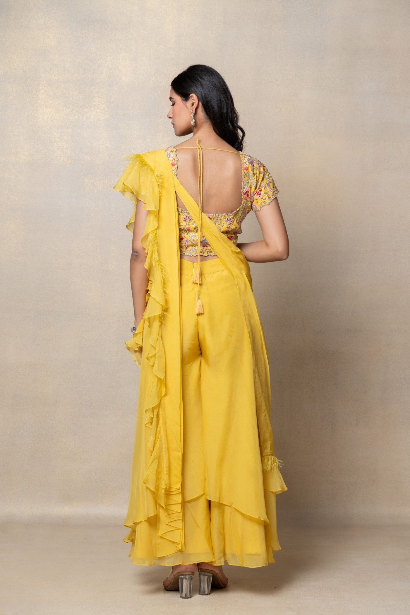 Sunflower yellow organza silk indo-western set
