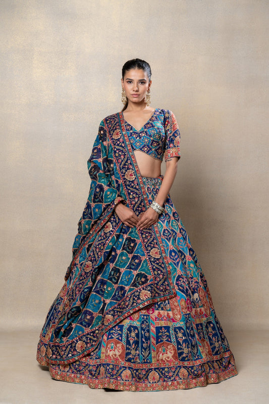 Peacock blue soft silk sequinned lehenga set