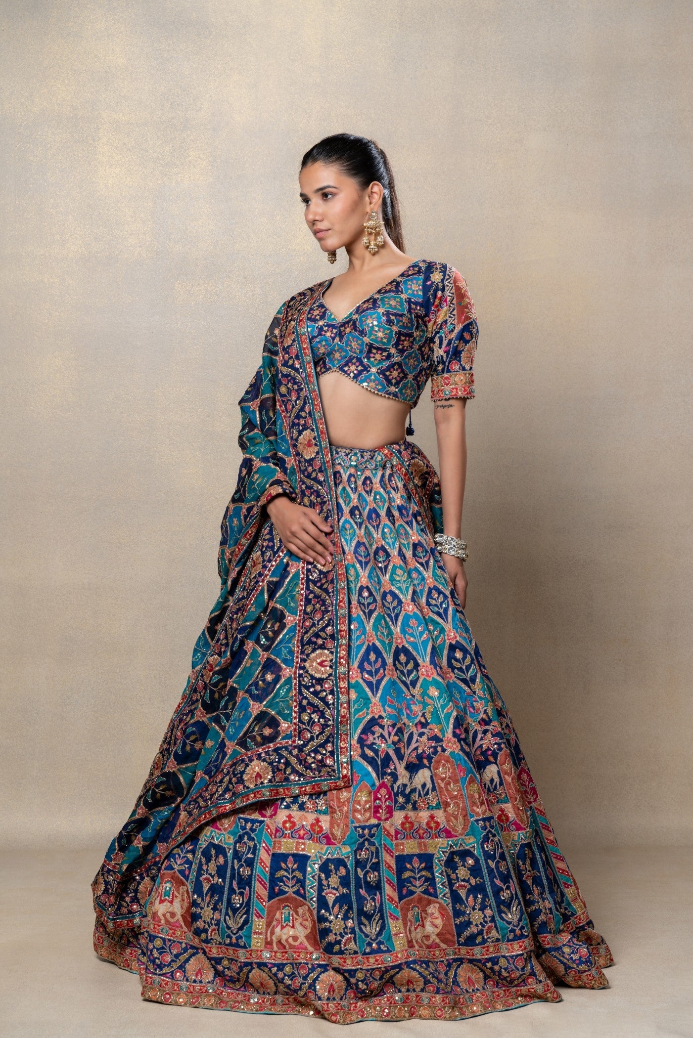 Peacock blue soft silk sequinned lehenga set