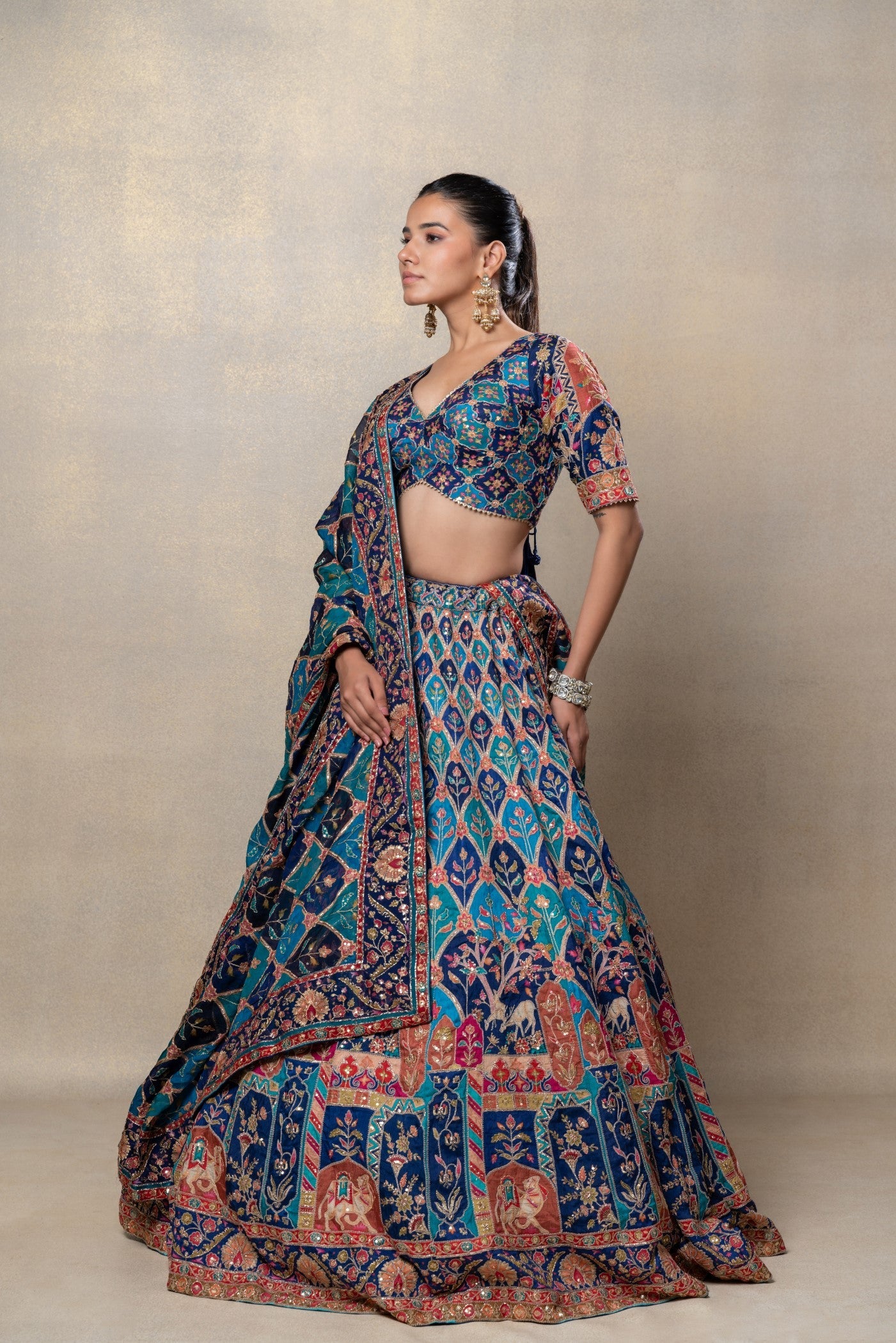 Peacock blue soft silk sequinned lehenga set
