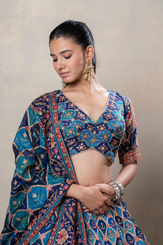 Peacock blue soft silk sequinned lehenga set