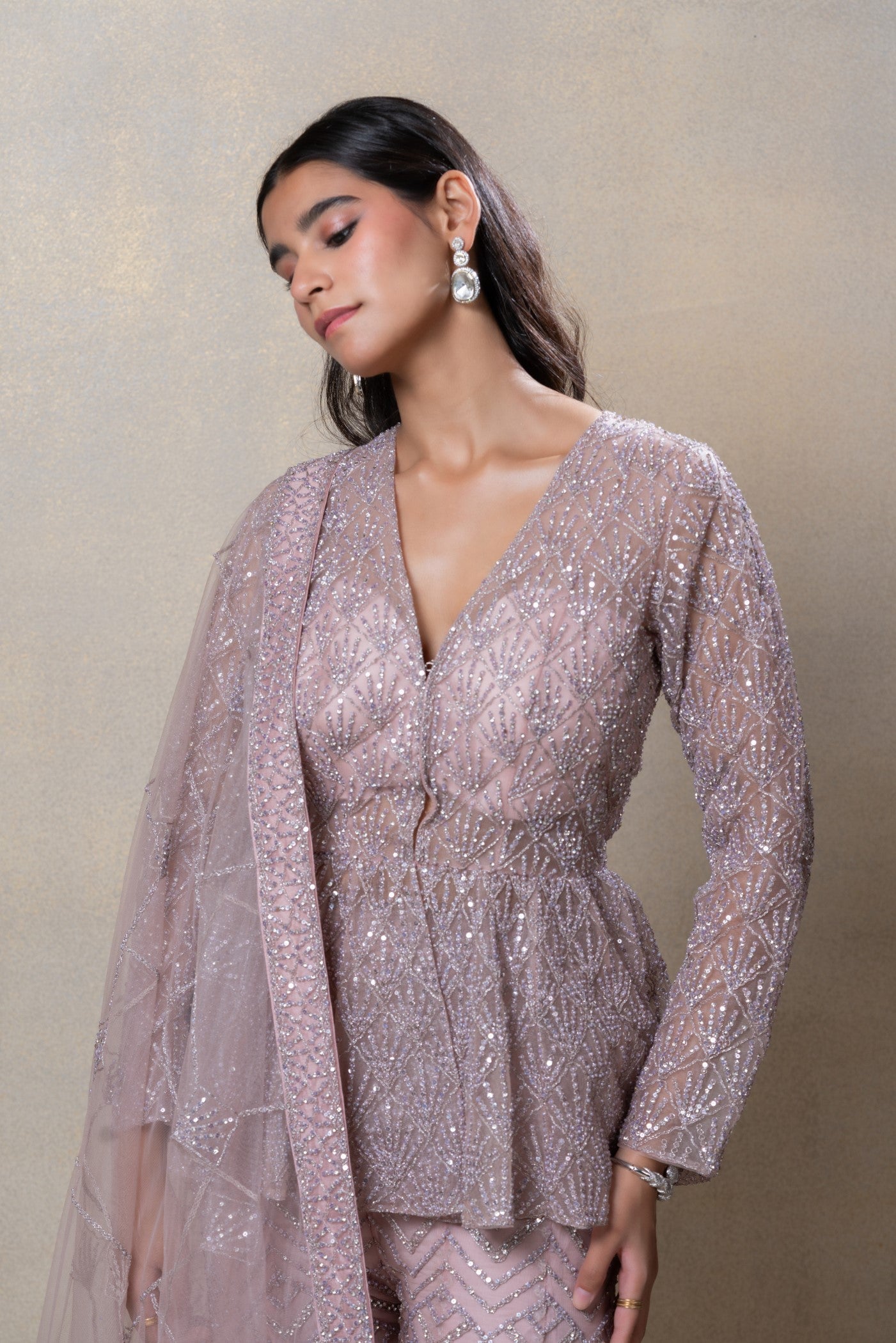Rose gold designer net indo-western set