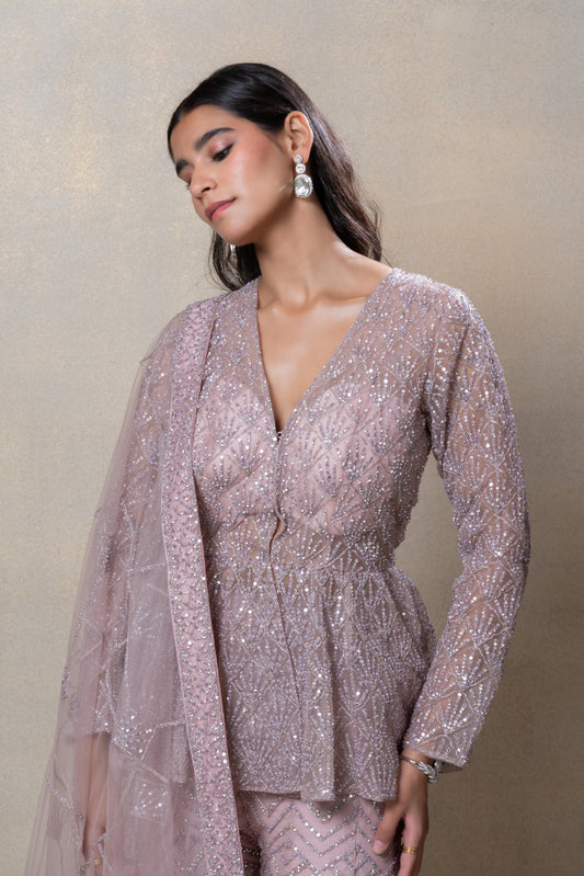 Rose gold designer net indo-western set