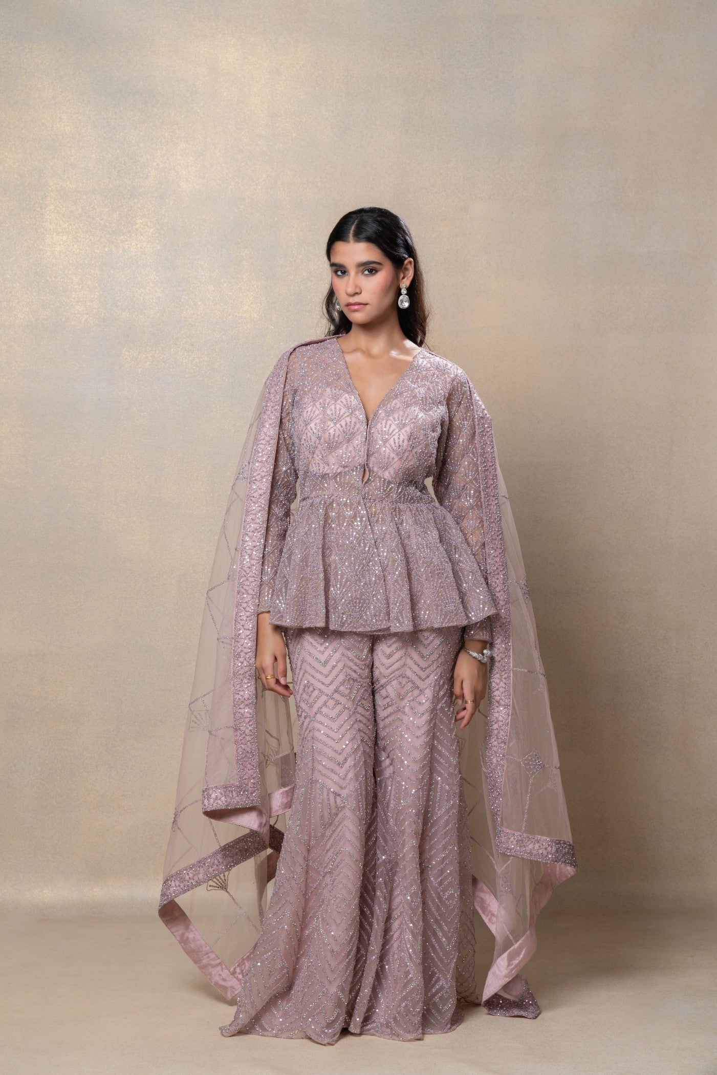 Rose gold designer net indo-western set