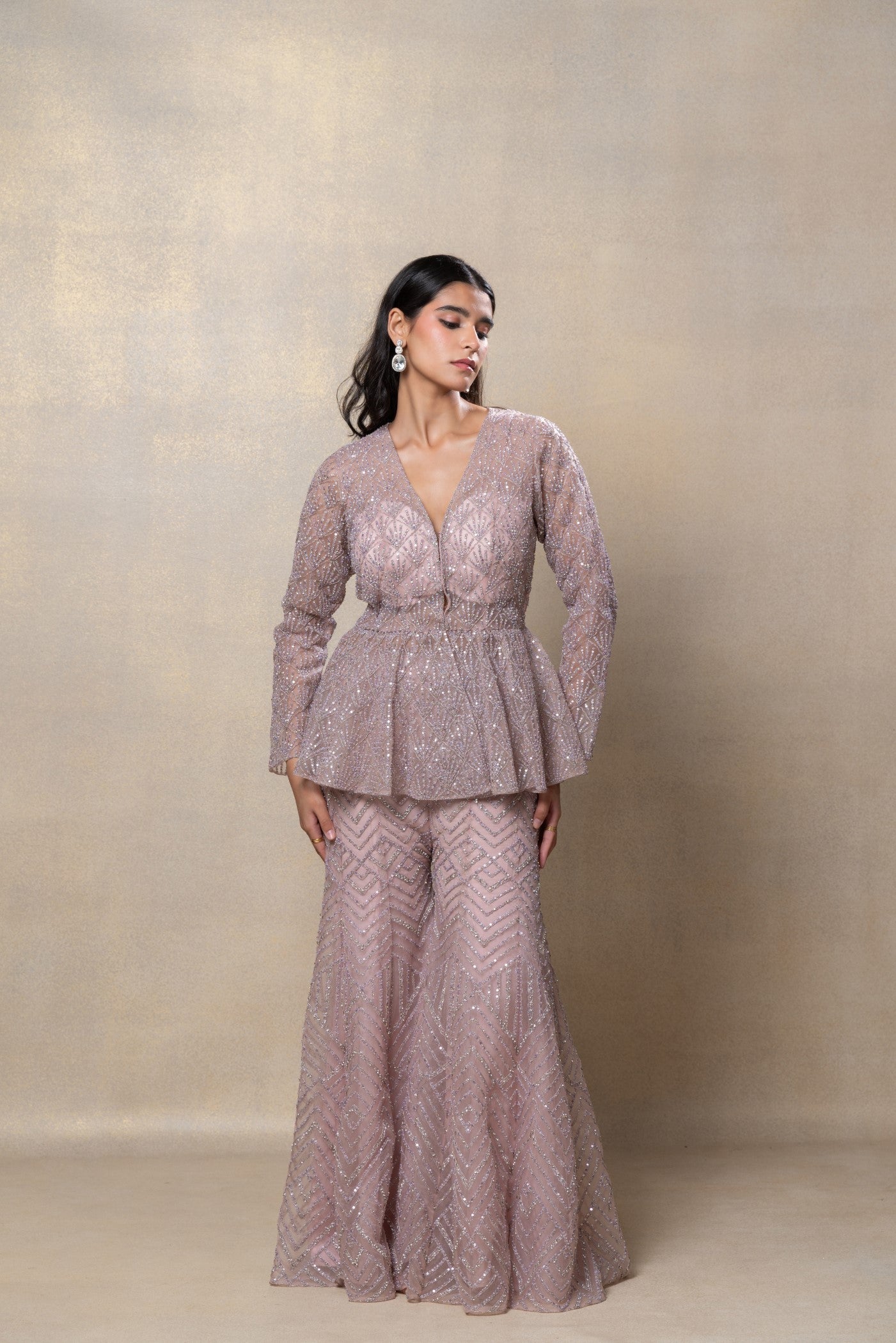 Rose gold designer net indo-western set