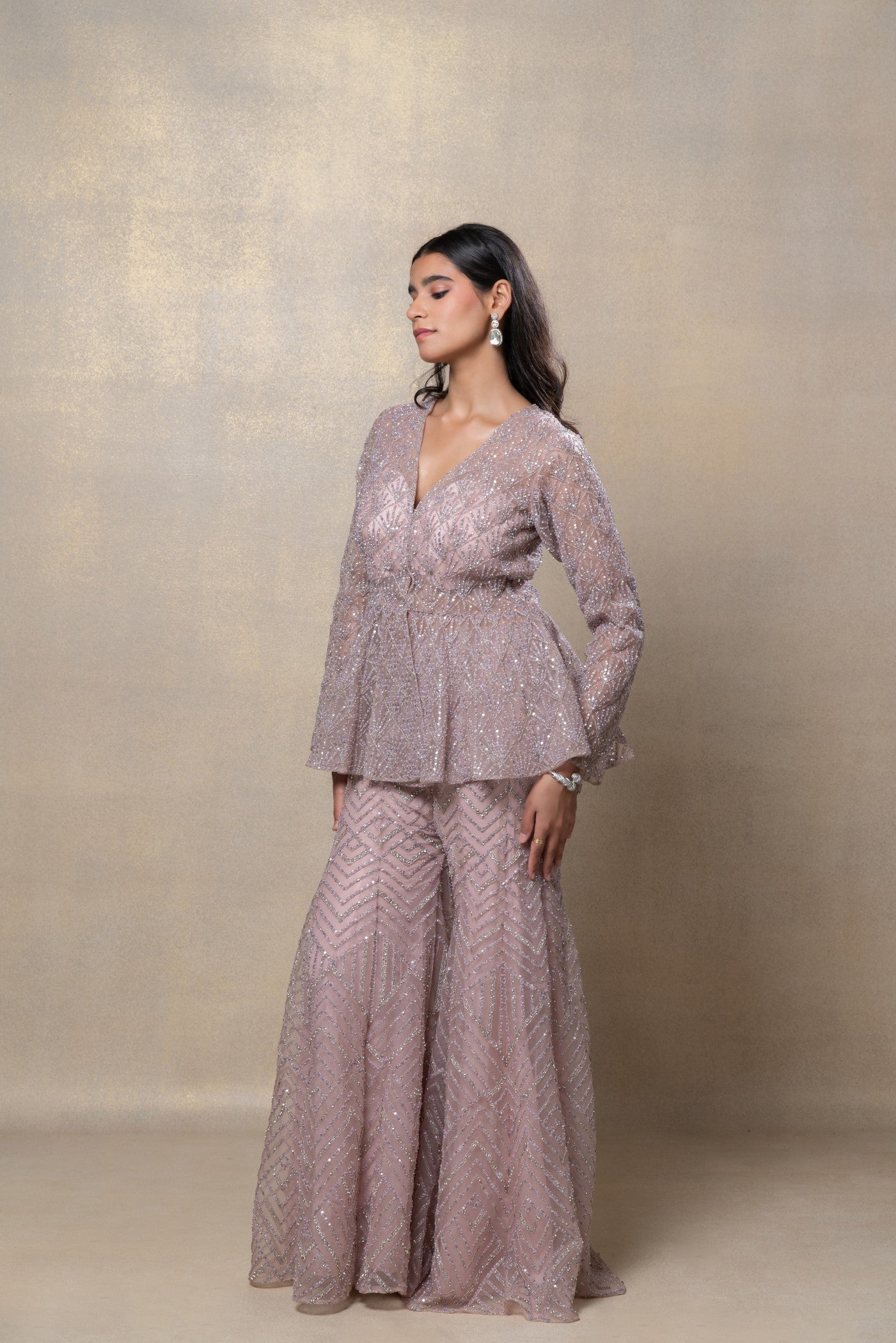 Rose gold designer net indo-western set