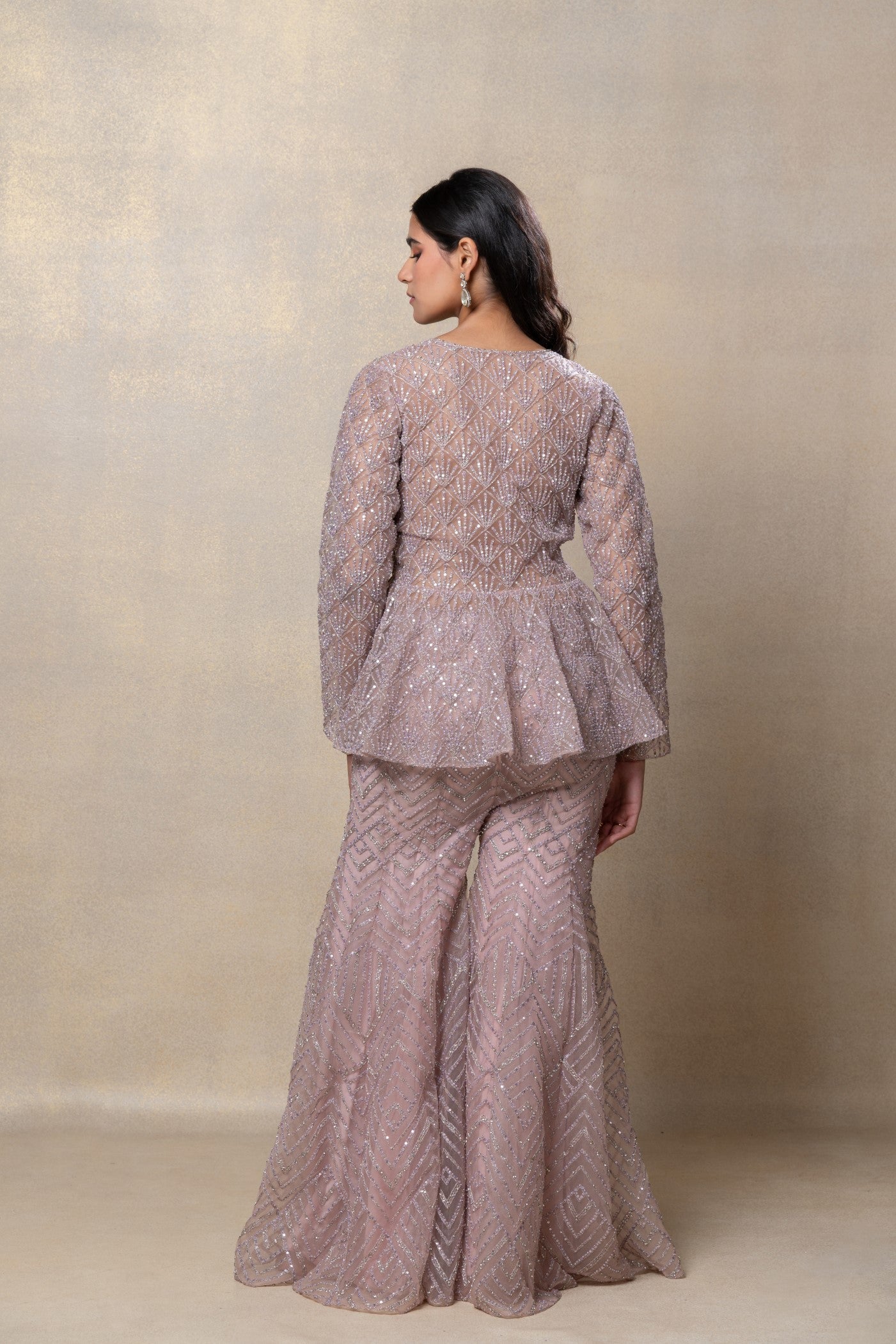 Rose gold designer net indo-western set