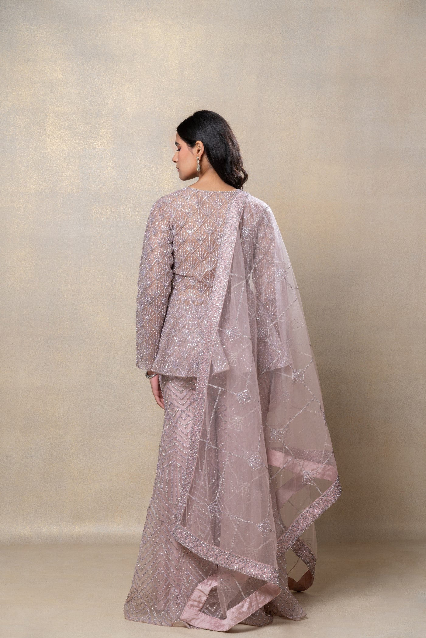 Rose gold designer net indo-western set