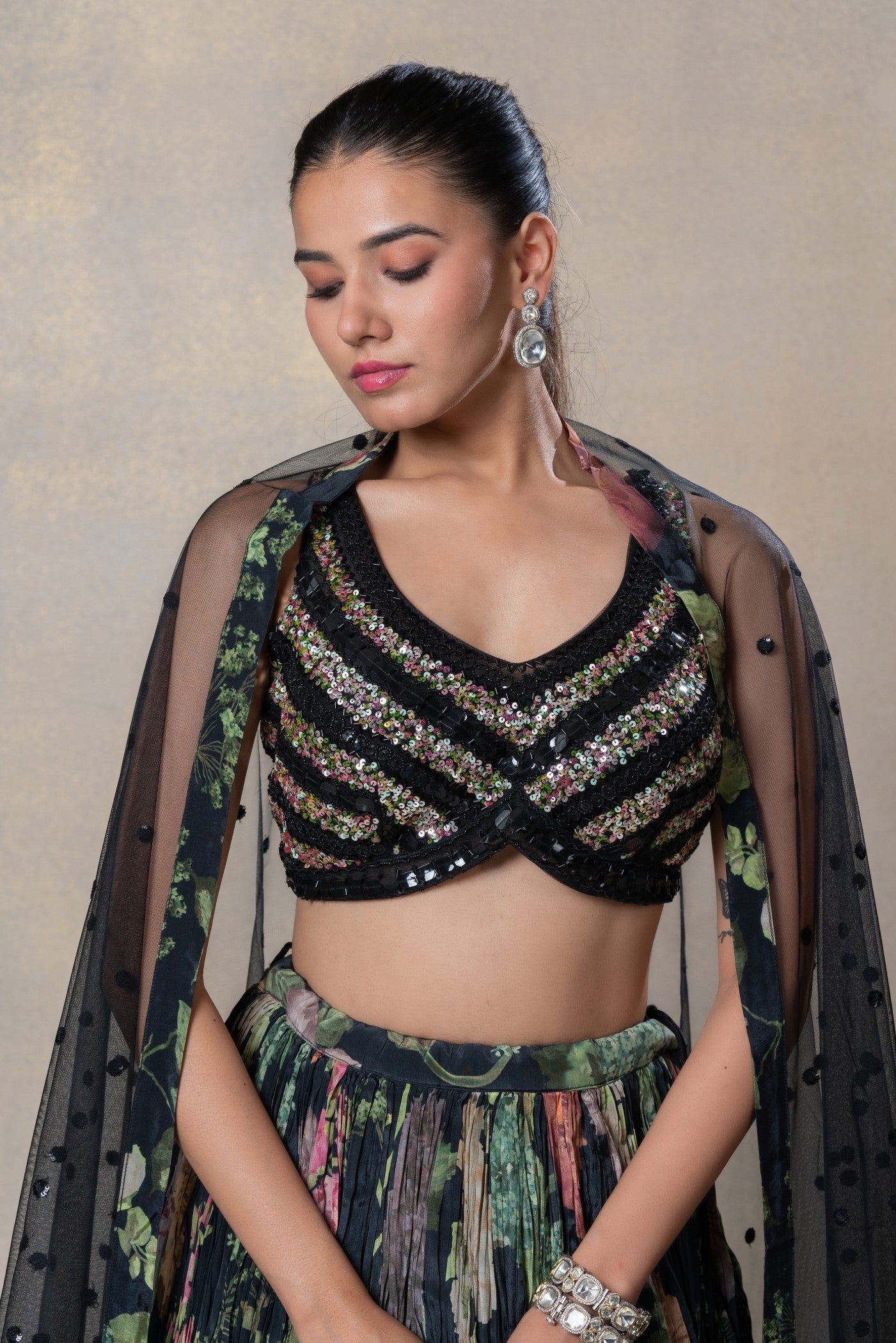 Sable black crepe silk sequins embroidered lehenga set
